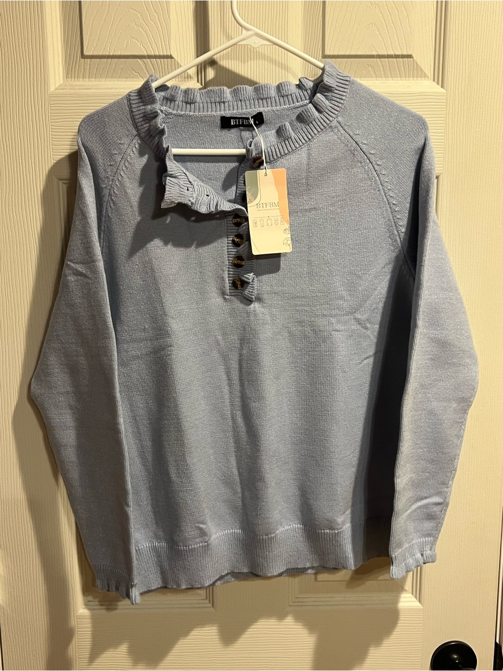 Light Blue Ruffle Trim Crewneck Sweater